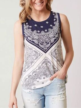 Lucky Brand Navy & White Bandana Festive Back Tie Summer Sleeveless Tank Size M